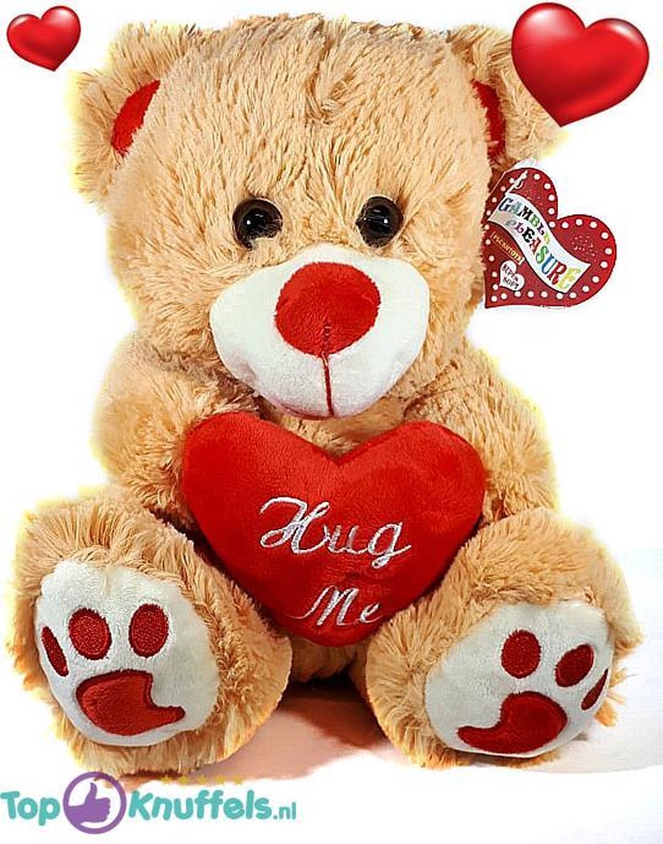 Lichtbruine Teddybeer met rood hart Hug Me 32 cm | knuffelbeer pluche knuffel love beer | Ik Hou Van Jou / I Love You bear | Beertje met hart liefde | Baby plush beer met hartje 32cm
